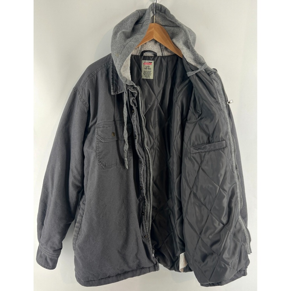 Genuine Dickies Hooded Canvas Work Jacket Mens L Gray Quilted Lined Coat Grunge